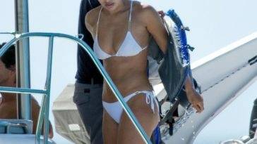 Montana Brown Shows Off Her Toned Beach Body in a White Bikini Enjoying Winter Sunshine in Barbados - Barbados on girlsfans.net