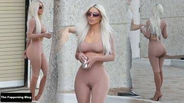 Kim Kardashian Gets Risque in a Sheer SKIMS Cropped Top and Leggings in Calabasas on girlsfans.net