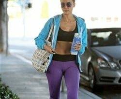 Jessica Alba Walking The Street In A Sports Bra & Yoga Pants on girlsfans.net